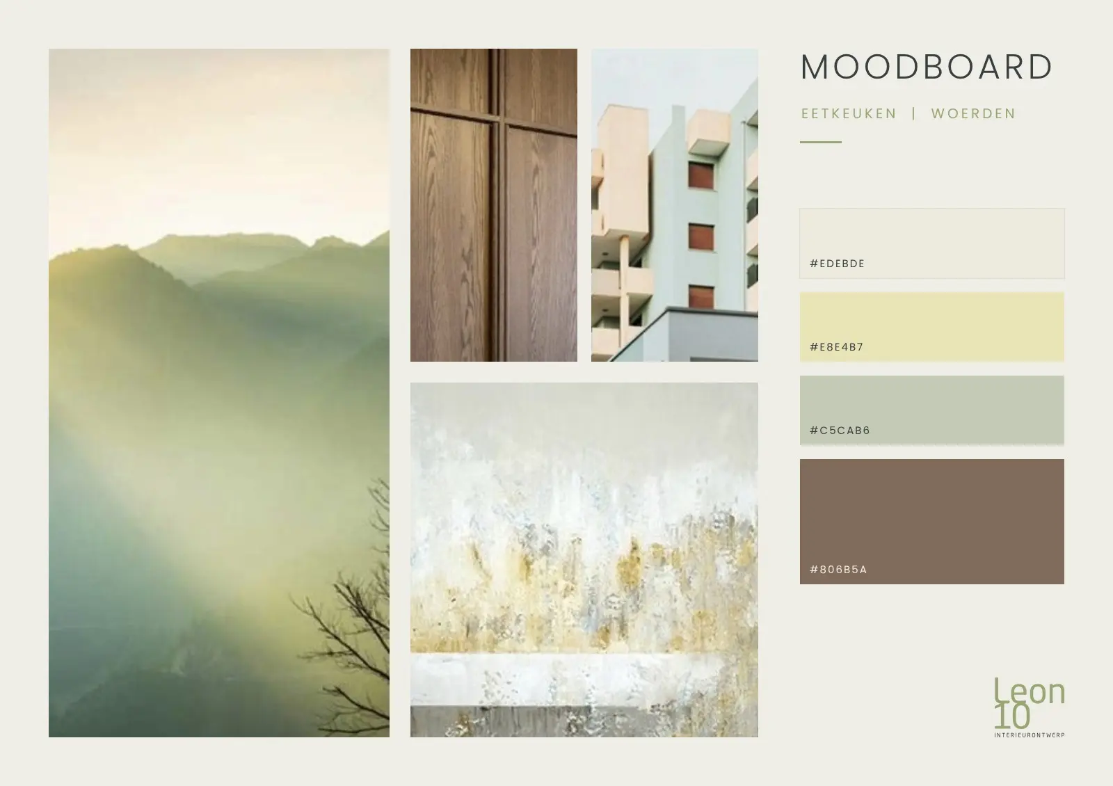 Moodboard van Leon10 Interieurontwerp met hout, zacht groen en een berglandschap voor een eetkeuken in Woerden